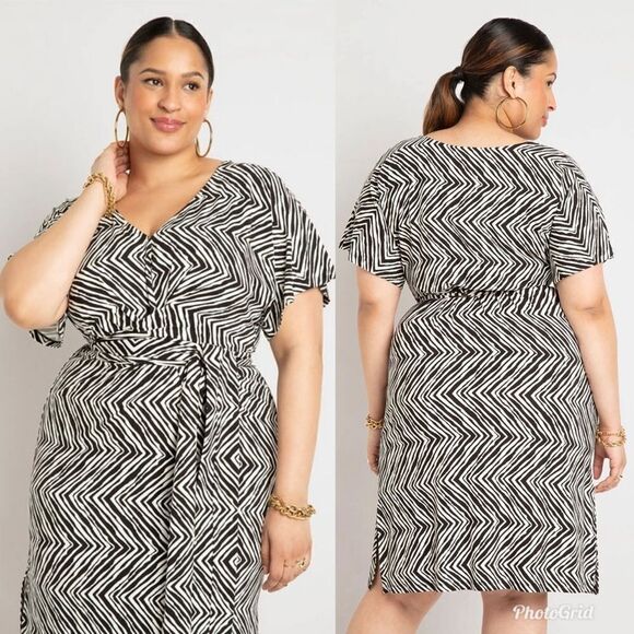 ELOQUII Plus Size V-Neck Wrap Around Dress in White Black Sand Dunes - Picture 2 of 7